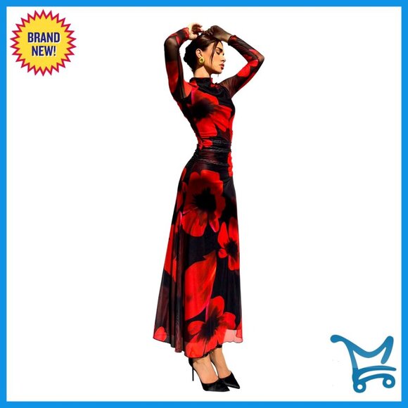 Dresses & Skirts - Floral Maxi Dress Elegant Long Sleeve Ruched A-Line Wedding Guest Holiday